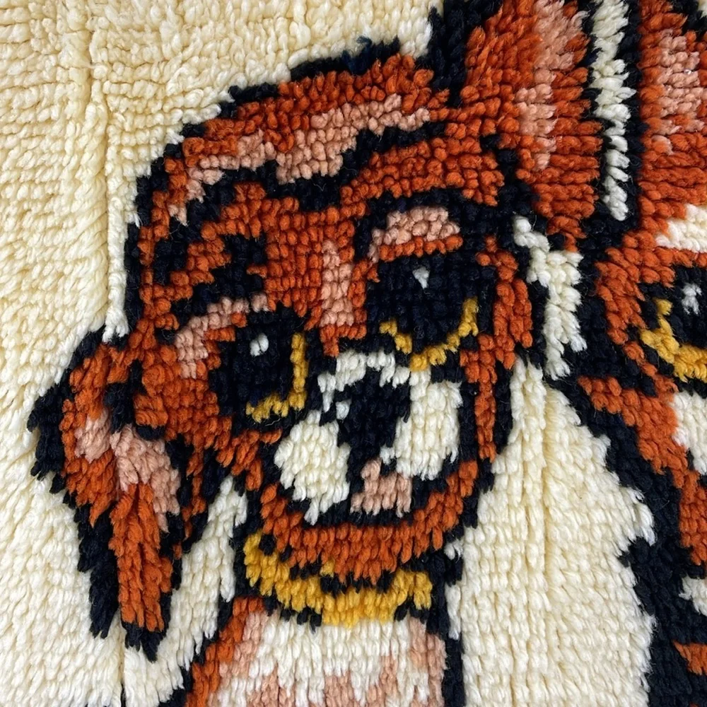 Vintage 70’s big eyes Dog Cat Latch Hook Rug Tapestry Wall Hanging Boho Kitsch